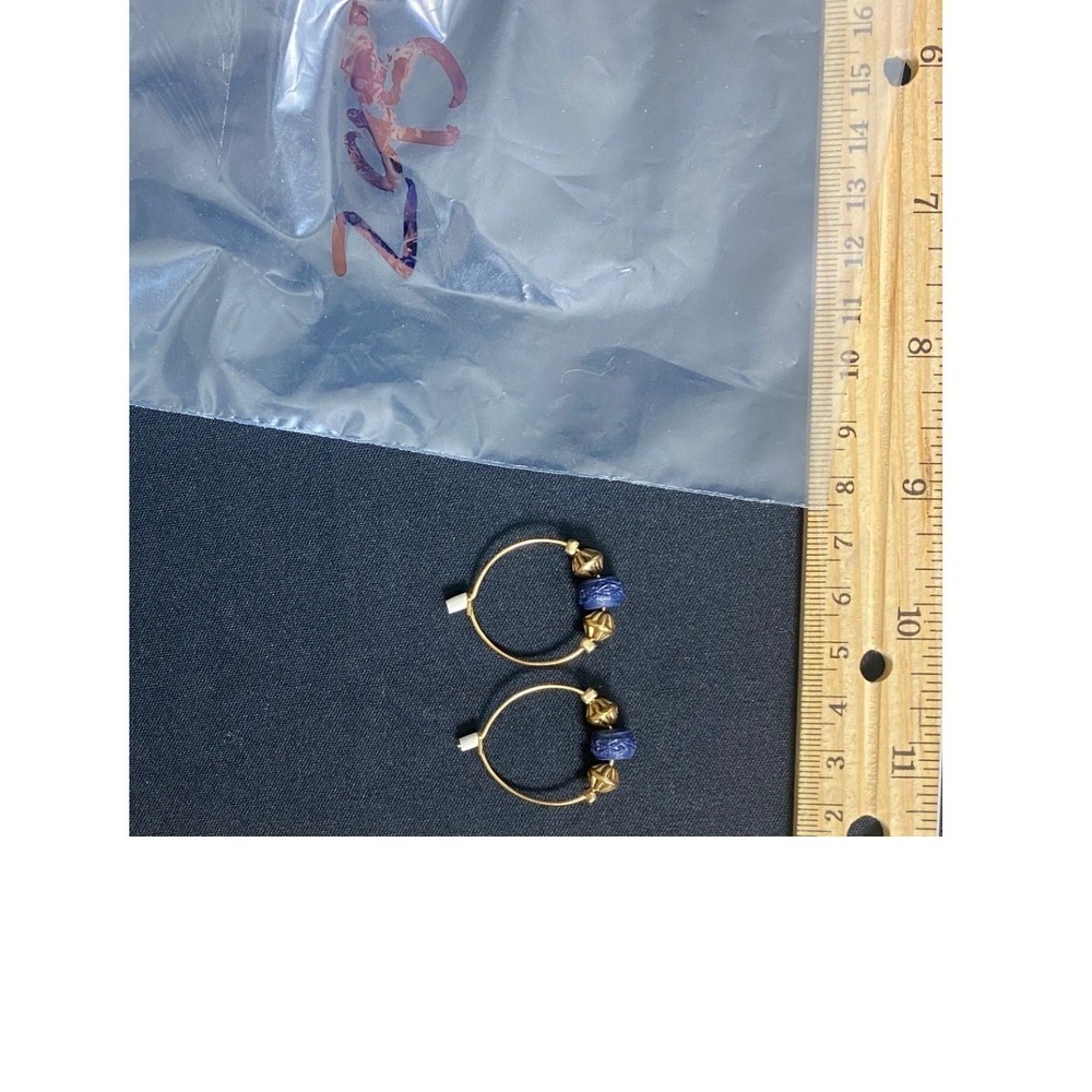 Gold-Tone Hoop Earrings with Blue‎ Acrylic Beads – Boho Fashion Costume Jewelry